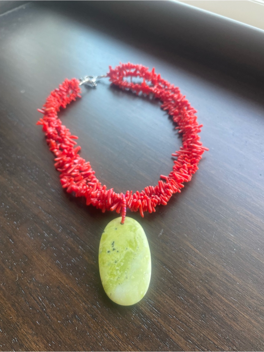 Vintage Red Coral Chip Necklace with Green Stone Pendant - Picture 2 of 4